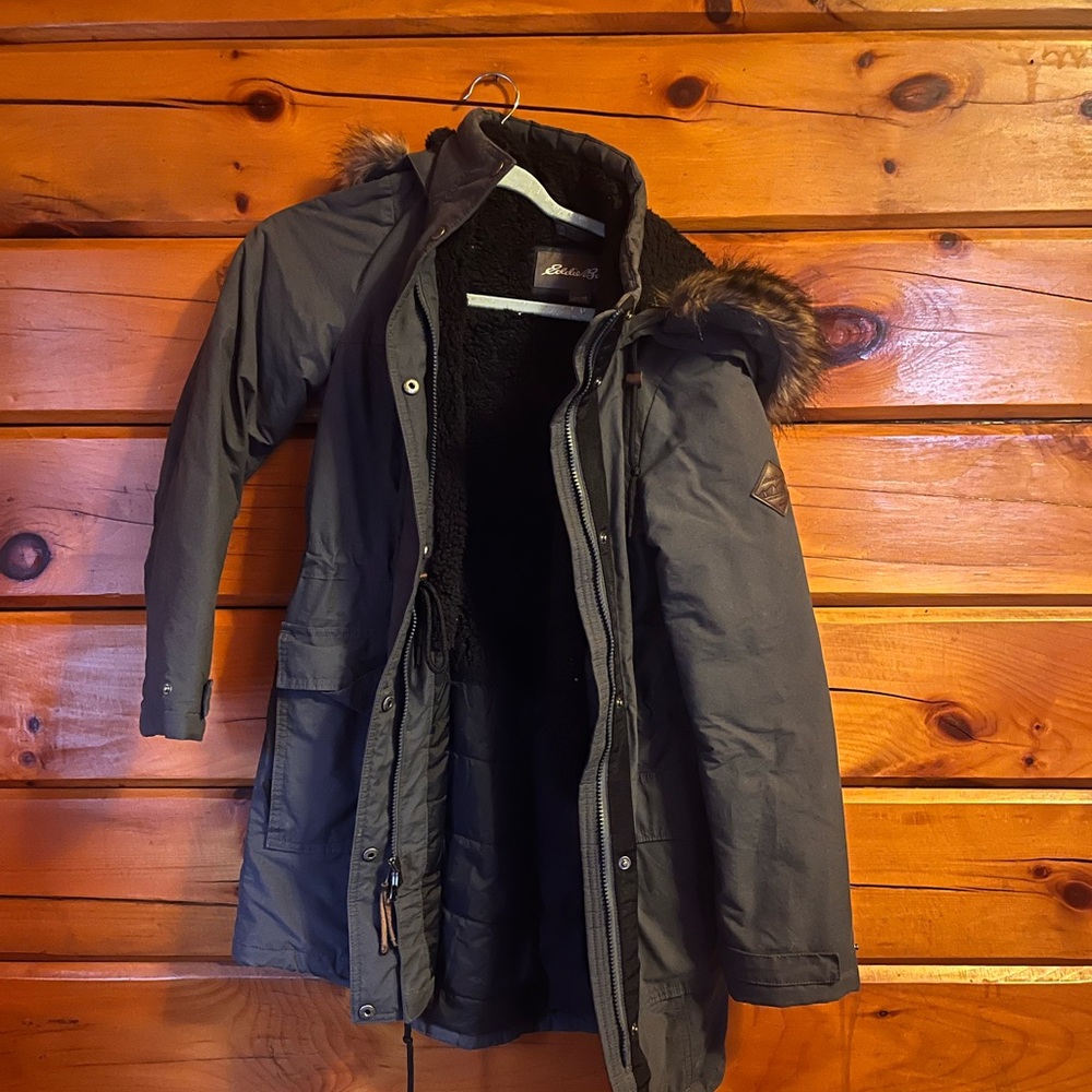 Eddie Bauer Gray Women's Ski Jacket with Faux Fur Hood